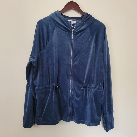 Nine West Tops - Nine West Blue Velour Zip-Up Hoodie Spring Soft Everyday Lounge Drawstring Waist